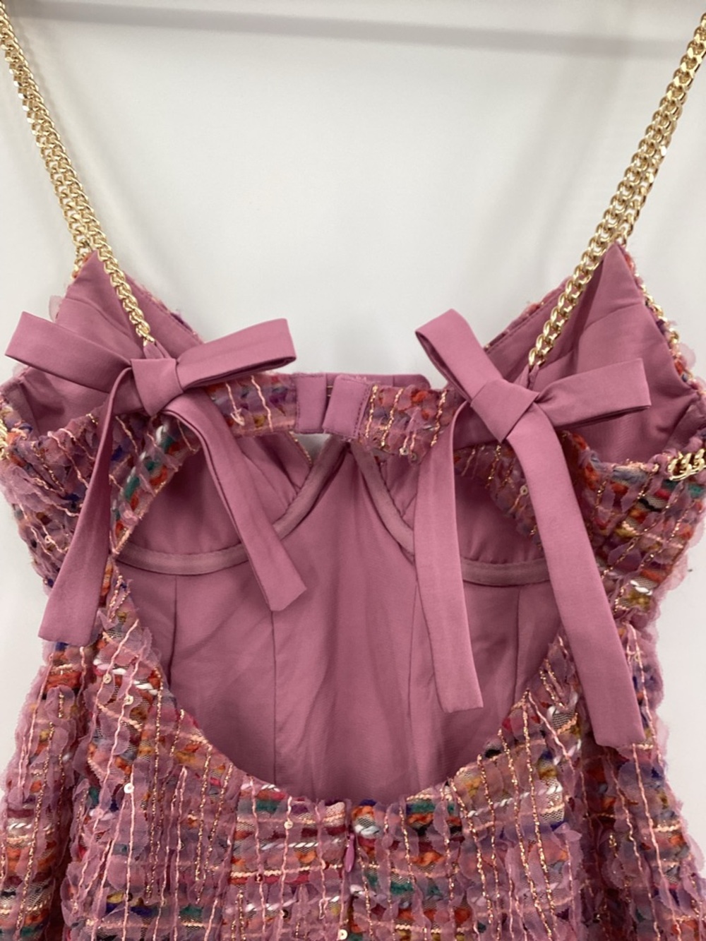 For Love & Lemons Celine Pink Tweed Mini Dress with Gold Chain Straps - Picture 4 of 14